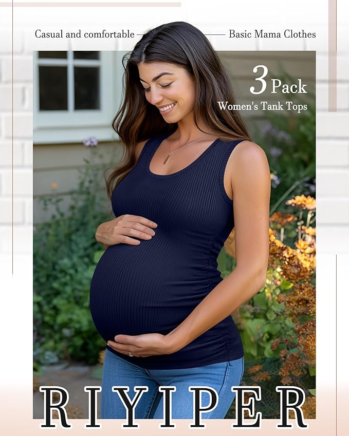 Riyiper 3 Pack Women's Maternity Tank Tops, Sleeveless Cotton Pregnancy Shirts Ribbed Knit Sides Ruched Basic Mama Clothes