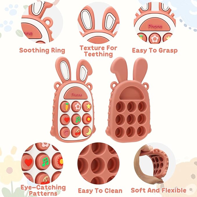 Teething Toys for Babies, BPA-Free Silicone Teether Toy for Infants, Cute Rabbit Phone Design with Easy-Grip Ears, Soothing Gums and Push Pop for Boy and Girl