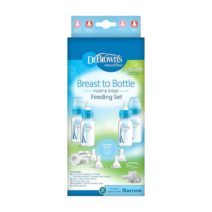 Dr. Brown's Natural Flow Anti-Colic Options+ Narrow Breast to Bottle Pump & Store Feeding Set with Slow Flow Nipples, Baby Travel Caps and 100% Silicone HappyPaci One-Piece Pacifier, Blue (Pack of 12)