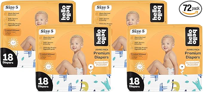 Hello Bello Premium Baby Diapers Size 5 I 18 Count of Disposable, Extra-Absorbent, Hypoallergenic Baby Diapers with Snug and Comfort Fit I Sleepy Sloth (Pack of 4)