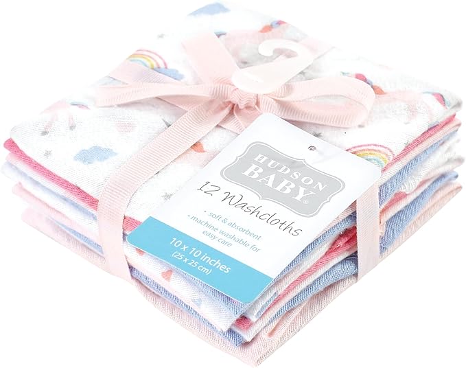 Hudson Baby Unisex Baby Flannel Cotton Washcloths, Unicorns Rainbows 12 Pack, One Size