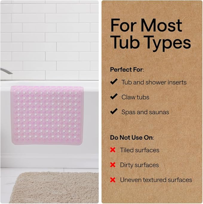 GORILLA GRIP Patented Bath Tub Shower Mat, Machine Washable Bathtub Floor Liner Mats, Suction Cups and Drain Holes to Keep Tubs Clean, Soft on Feet, Bathroom Essentials, 35x16 Inch, Clear Light Pink