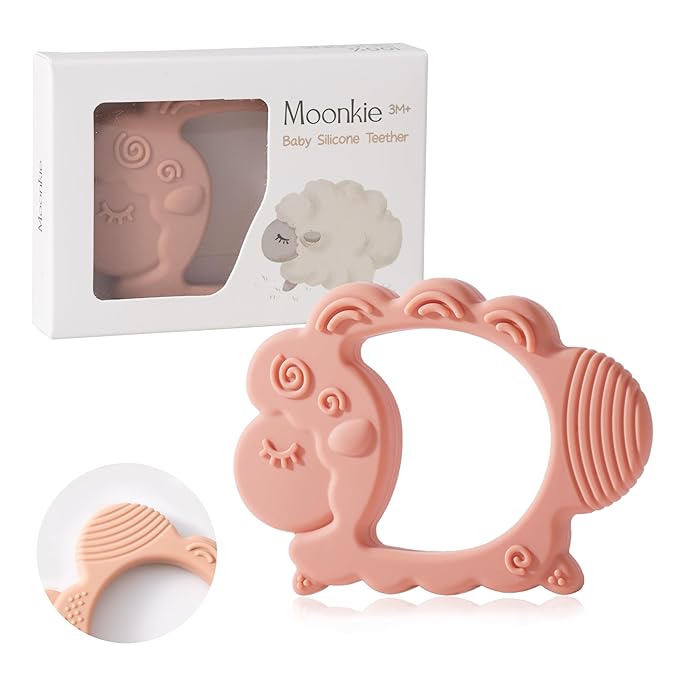 Moonkie Teething Toy, Safe & Easy to Hold BPA Free Silicone Baby Soothing Teethers, Prevent Finger Sucking Teether Toys Best for Babies 0-6 6-12 Months (Sheep Muted)