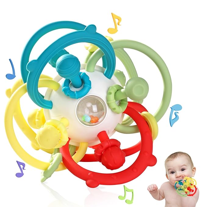 Baby Sensory Teething Toys, Baby Montessori Teether Toys for 0 3 6 9 12 18 Months, Silicone Tummy Time Toy with Rattle Ball for Newborn Infant, Learning Delopmental Gift for Boys Girls, Beige