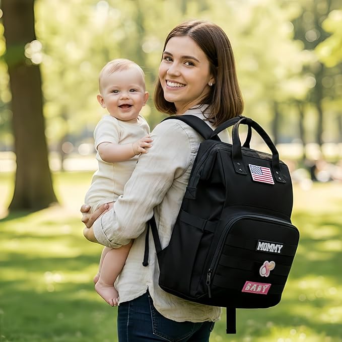 Diaper Bag Backpack for Dad and Mom with USB Charging Port Stroller Straps and Insulated Pocket,army military Travel Nappy Backpack for Daddy/Mommy (Black)