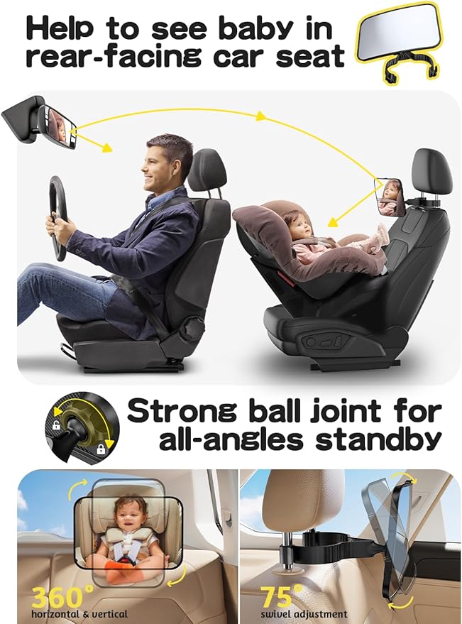 Baby Car Mirror Hook Design Ultra Stable Car Seat Mirror for Baby Rear Facing Secure and Shatterproof CarSeat Mirrors 360° Clear View Newborn Essential Accessories
