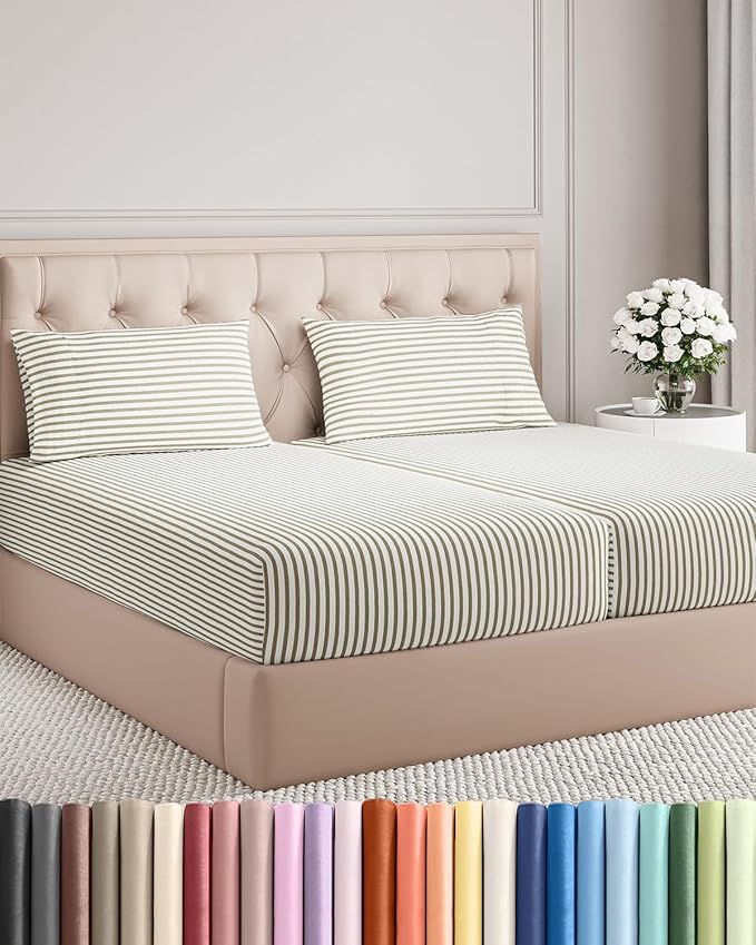 Split King Size 5 Piece Sheet Set - Comfy Breathable & Cooling Bed Sheets Set - Hotel Luxury Bedding for Women, Men, Kids, Teens, Boys & Girls - Deep Pockets, Soft and Wrinkle Free - Beige Stripes 2