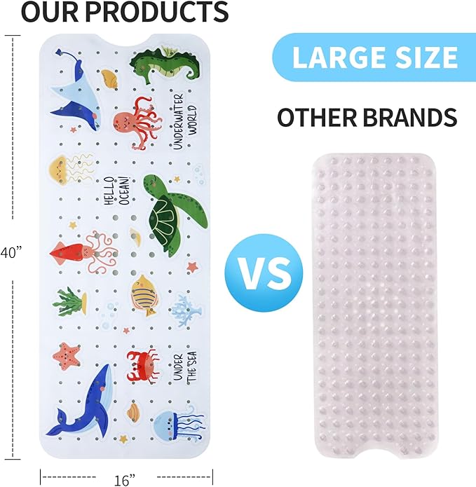 Baby Bath Mat for Tub Non Slip Kids Bathtub Mat Extra Long 40X16 Inch Toddler Bath Tub Shower Mat Anti Slip with Suction Cups & Drain Holes, Machine Washable (Under The sea)