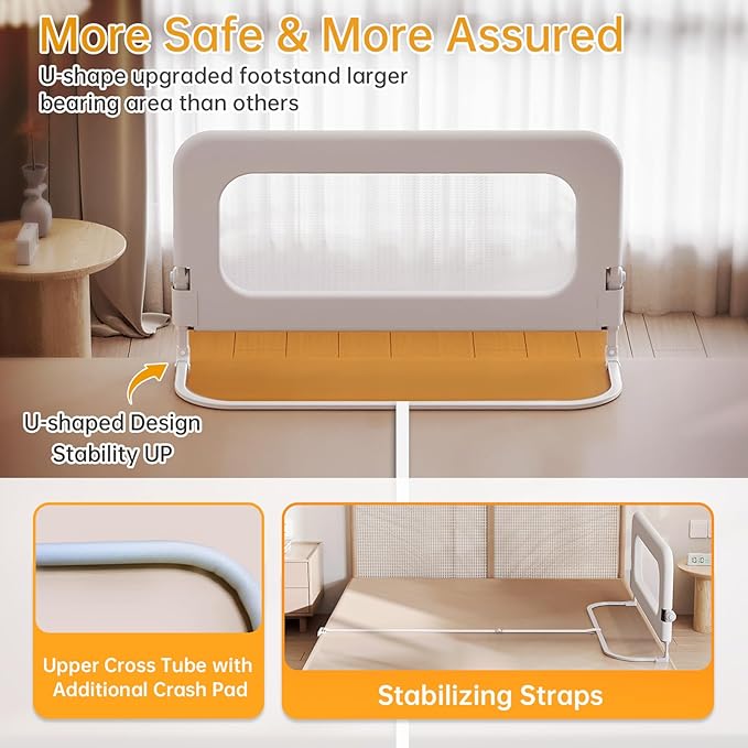 Baby Bed Guard Rail for Toddler - 48in Adjustable Heights, Swing Down Bedrail, Extra Tall Child Safety Side Railing Guards for Kids - Toddler Bed Rail for Queen, King, Twin, and Bunk Size Beds - Full