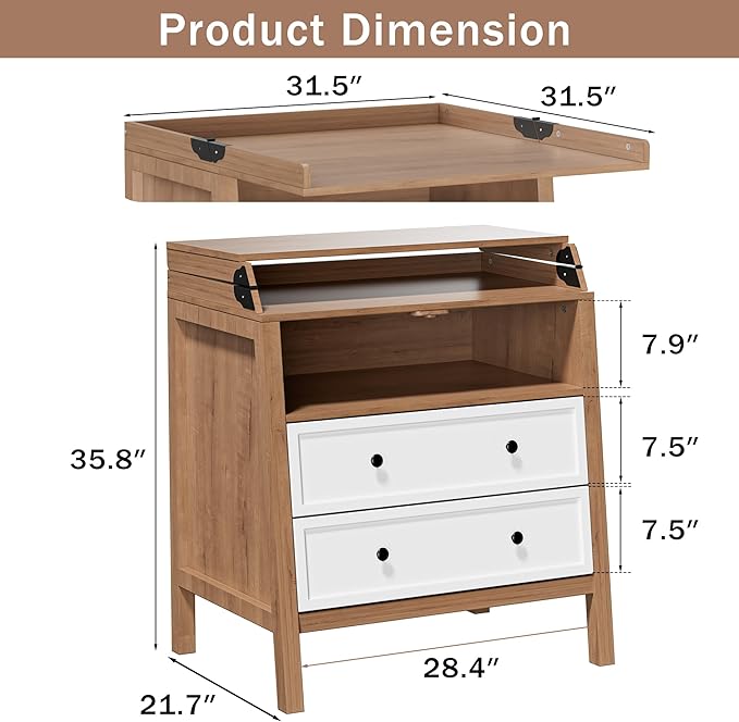 UbabyNest Baby Changing Table with Foldable Tabletop, Baby Dresser with 2 Wide Drawers & Open Storage Space, Modern Diaper Changing Station, Perfect for Nursery,White& Wood (Pad Not Included)