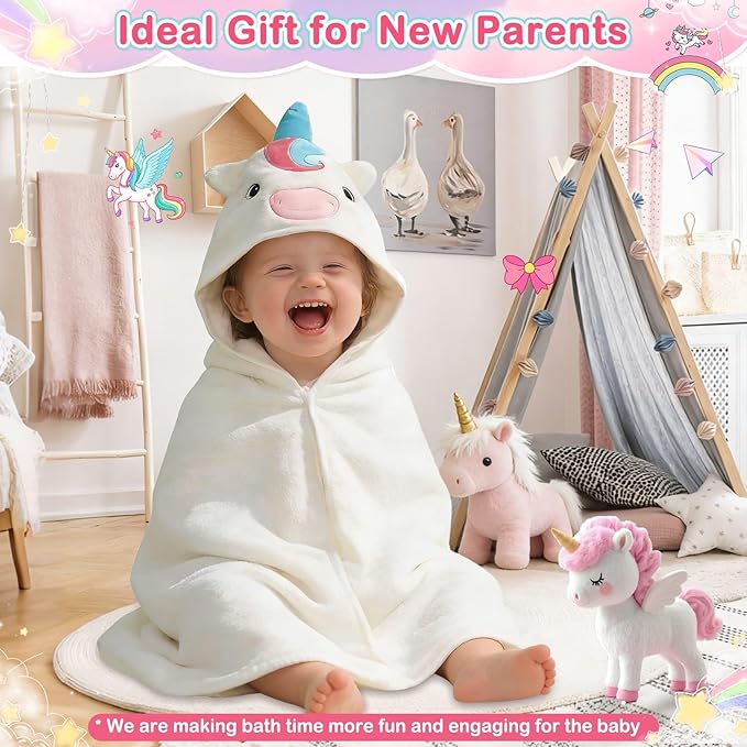 4 PCS Baby Towels Set, Soft Absorbent Baby Hooded Bath Towel, 1 Baby Towel and 3 Baby Washcloths for Newborns, Toddlers, and Kids, 32x32 inch Baby Towel for Boy and Girl (White Unicorn)