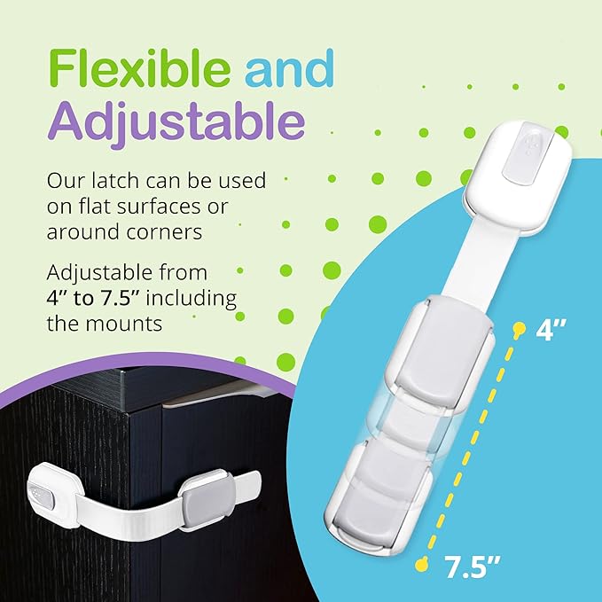 Adjustable & Reusable Child Safety Cabinet Locks & Latches, Baby Proofing Door Window, Cabinet, Toilet, & Refrigerator Lock, Child Safety Strap Locks with Adhesive Pads, Pack of 6, Silver - Wonderkid