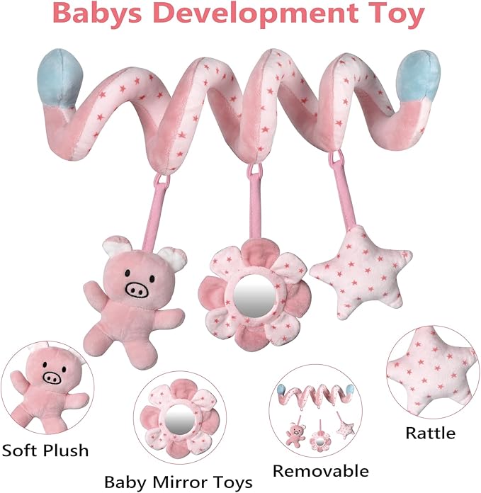 SAMMAS Car Seat Toys, Infant Baby Pink Pig Spiral Activity Hanging Toys Stroller Toys for Car Seat Stroller Bar Crib Bassinet Mobile with Mirror BB Squeaker and Rattles