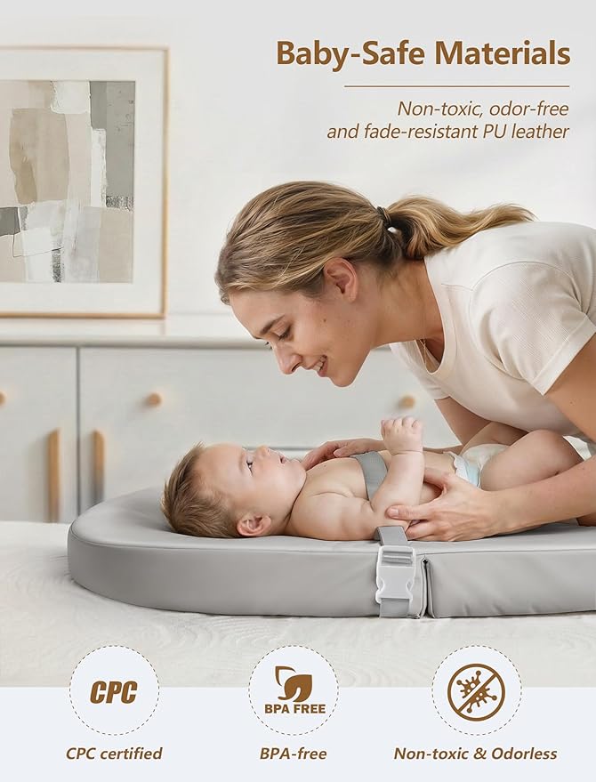 Wipeable Baby Changing Pad: Changing Pad Babies for Dresser Waterproof 31.5” * 15.7” with Removable Safety Strap for Diaper Changing on Table (Grey)