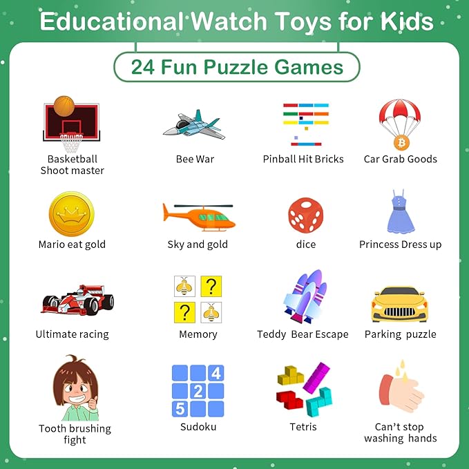 Phyulls Smart Watch for Kids with 39 Puzzle Games, Camera, Video Recorder, Music, Alarm, Calculator, Calendar, Flashlight, Pedometer - Birthday Gift for 3-12 Year Old Boys & Girls