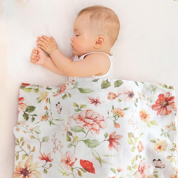LifeTree Baby Swaddle Blankets, Boys Girls Muslin Swaddling Wrap Receiving Blanket for Newborn, 70% Viscose from Bamboo and 30% Cotton, Large 47" x 47", Butterfly Floral and Pink