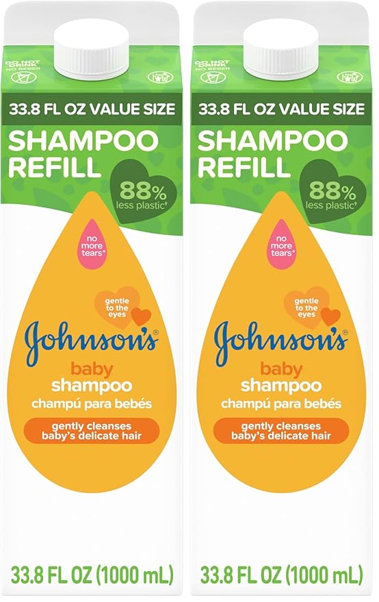 Johnson's Baby Shampoo, Hypoallergenic, No More Tears for Baby's Delicate Scalp & Skin, Gently Washes Away Dirt & Germs, Paraben-Free, Value Size Baby Shampoo Refill, 33.8 fl. oz (Pack of 2)