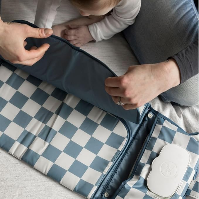 Tiny Twinkle Portable Diaper Changing Pad | Waterproof, Wipeable & Compact Baby Changing Pad for Travel | Smart Wipes Pocket & Organized Storage| Newborn Shower Gift (Blue Checkers)