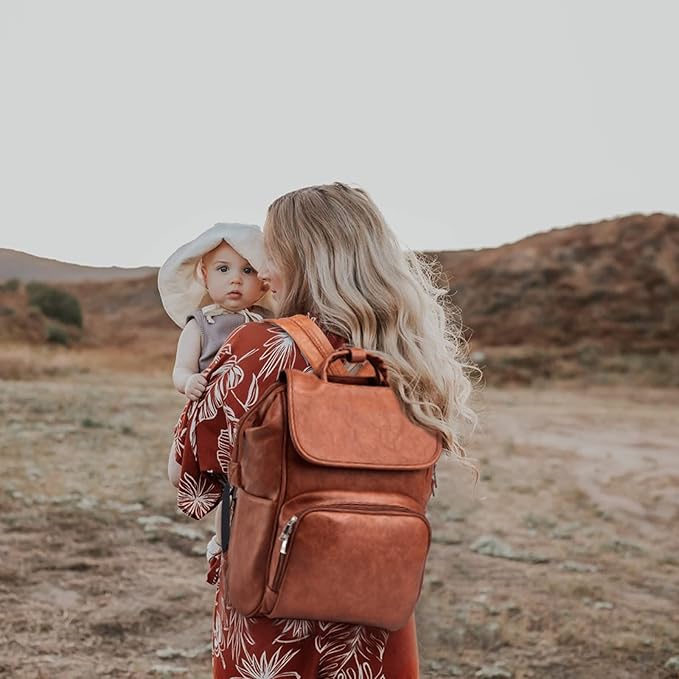 Leather Diaper Bag Backpack with Changing Mat Travel Backpack Waterproof&Insulated Large Nappy Bag Stroller Straps, Brown B, 13.8x8x18 Inch (Pack of 1), Travel Backpacks