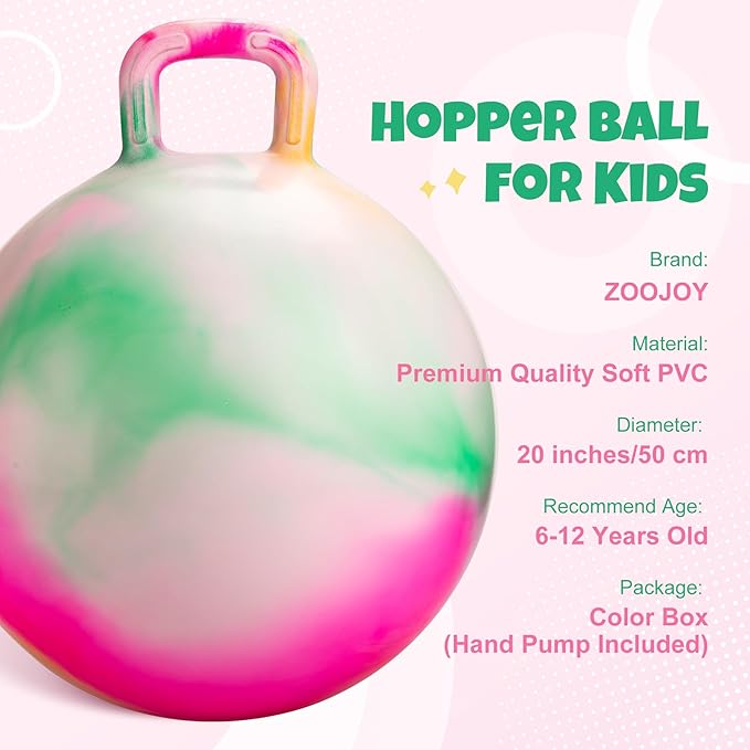 ZOOJOY Hopper Ball for Kids, Clouds Hopping Toys, 20 Inch Bouncy Ball with Handle for Boys Girls Aged 6-12, Inflatable Bounce Hopper Toy with Pump