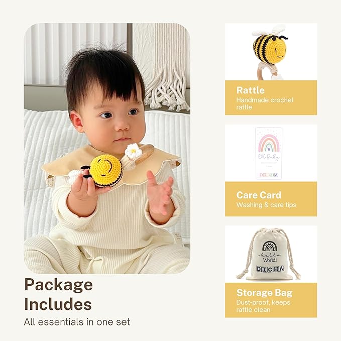 DICHA Crochet Bee Baby Rattle - Sensory Toy for Babies - Ideal for Baby Shower - Includes Beech Teething Ring