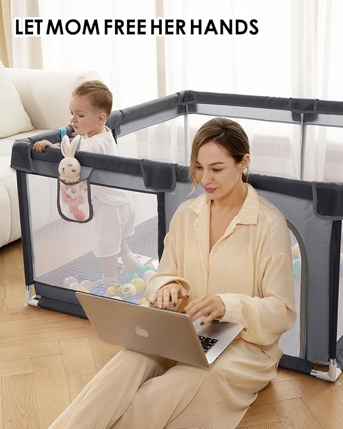 Baby Playpen with Mat, 50" x 50" Extra Large Play Yard for Babies and Toddlers, Baby Fence with Soft Thick Play Mat, Indoor Safety Activity Center for Infants, Easy to Assemble and Clean（Gray）