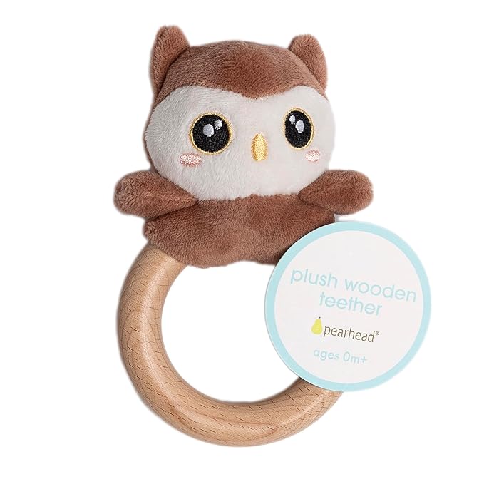 Pearhead Owl Wooden Baby Teething Ring, Plush Animal Infant Teether with Natural Wood, BPA-Free Sensory Rattle Toy for Newborns, 0 Months+