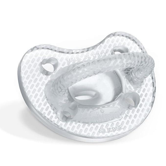 Chicco PhysioForma Luxe Orthodontic Pacifier, 6-16m | 100% Soft Silicone | Supports Breathing & Oral Development | Textured Shield & Handle | Includes Sterilizing Case | BPA Free | Crystal, 2pk