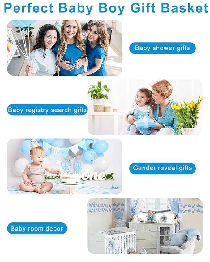 22-Pcs Baby Boy Gift Basket Set, Blue (0-12M Newborn) | Premium Baby Shower Gifts for Boys: Newborn Essentials Set in Woven Basket with Balloon & Bow, Ultimate Welcome Baby Package