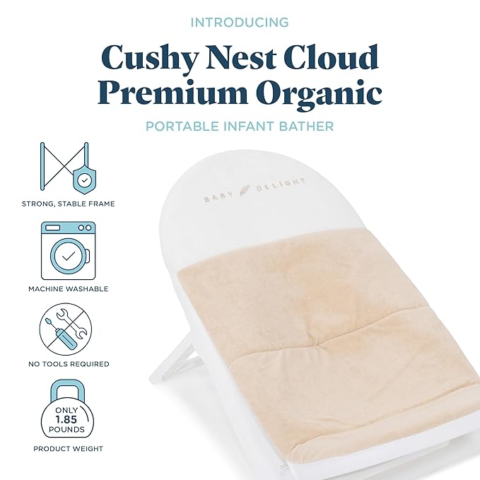 Baby Delight Cushy Nest Cloud Premium Organic Infant Bather | Baby Bath Seat | Comfortable Infant Bath Seat with Support | for Sinks and Tubs | Organic Oat