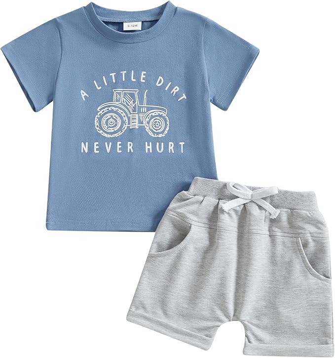 fhutpw Toddler Baby Boy Summer Clothes Tractor Letter Short Sleeve T-Shirt Tops Pockets Casual Shorts Set Infant Outfits