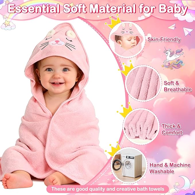 14 Pcs Baby Towel Set, Soft Baby Bath Towels and Washcloths Set, 4 Pcs 32x32 in Animal Hooded Bath Towel & 10 Pcs Baby Washcloths for Infants, Toddlers and Kids for Boys or Girls