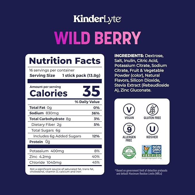 Kinderlyte Advanced Electrolyte Powder for Kids and Adults - Drink Mix Hydration Packets (Wild Berry, 16 Count), with PreMax Prebiotics, No Artificial Sweeteners or Flavors, No Synthetic Dyes