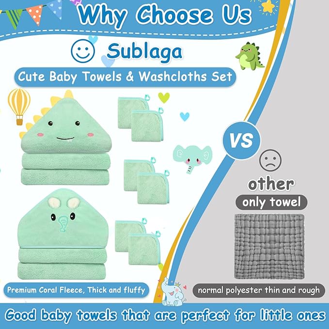 8 Pcs Baby Towel and Washcloths Set, Soft Baby Towels, 2 Pcs 32x32 in Cute Baby Towel with Hood and 6 Pcs Baby Washcloths for Infants, Toddlers and Kids (Green Elephant & Dinosaur)