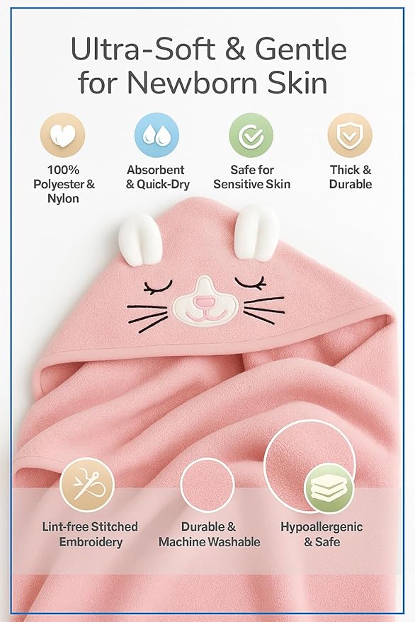 My Tiny Nugget Hooded Baby Bath Towel Set (2-Pack) – Soft & Absorbent | Pink & White | Cute Animal Hood | Plush Bath Wraps for Newborns Infant & Toddlers | Baby Gift Bundle (Pink + White Set)