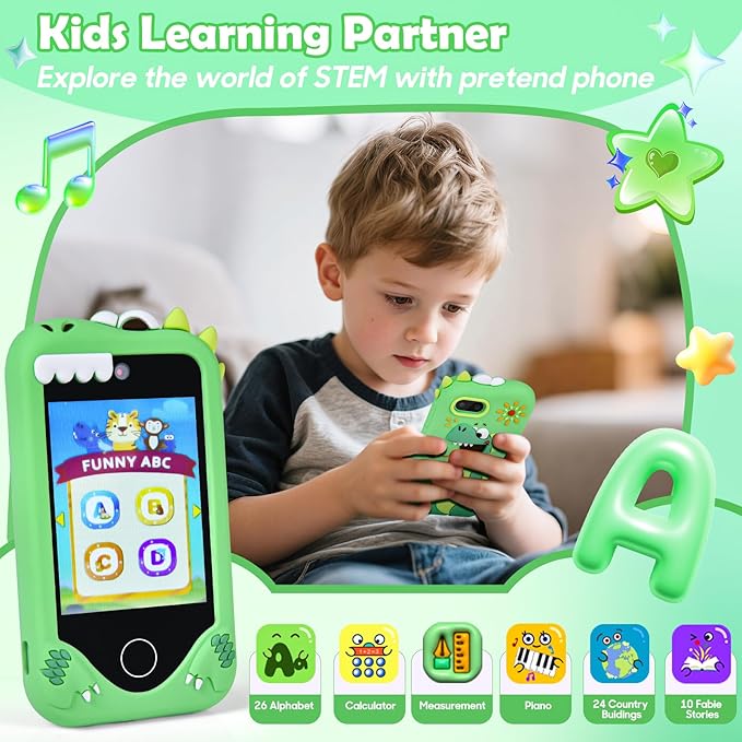 Kids Smart Phone for Boys, Dinosaur 2.8“ Touchscreen Toy Phones Christmas Birthday Gift for Boy Ages 3-9, Toddler Play Learning Cell Phone with Dual Camera, Game, MP3 Player, 32GB Card, Green