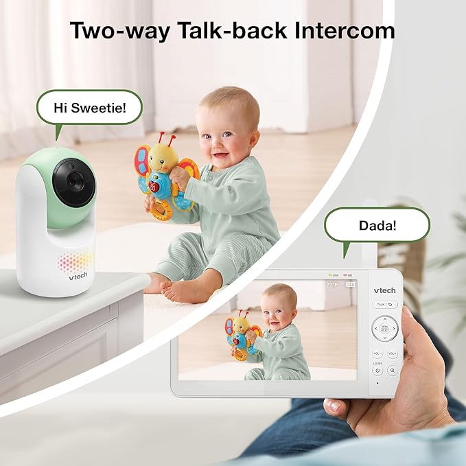 VTech Video Baby Monitor with 7" Color LCD Screen, Rechargeable Battery, Baby Monitor with Camera and Audio, Pan-Tilt-Zoom, No WiFi, Touch Multi-Color Night Light, 2-Way Talk, Advanced Max Green