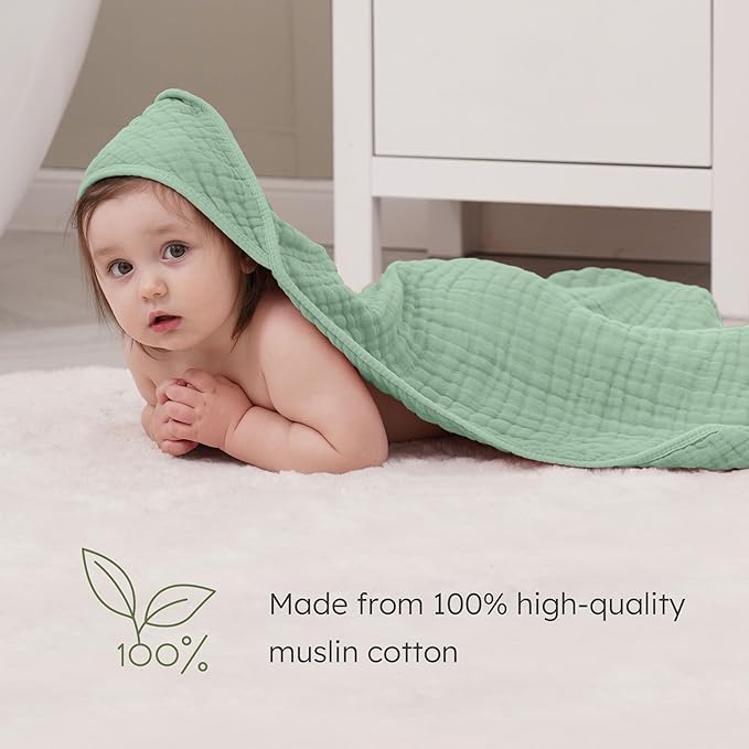 Looxii Baby Bath Towels 2 Pack Muslin Hooded Baby Towels for Newborn and Infants, 100% Cotton, Large 32x32Inch, Soft and Absorbent Beige+Green