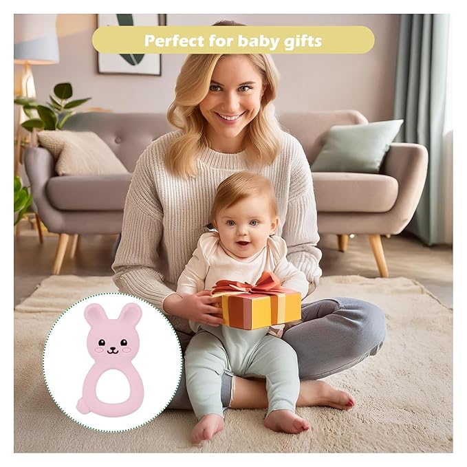 Baby Bunny Teether, Food-Grade Silicone Toy for Infants 3–12 Months, Easy-Grip Chew Toy with Textured Ears for Sensory Exploration, Freezable & Dishwasher Safe (Pink)
