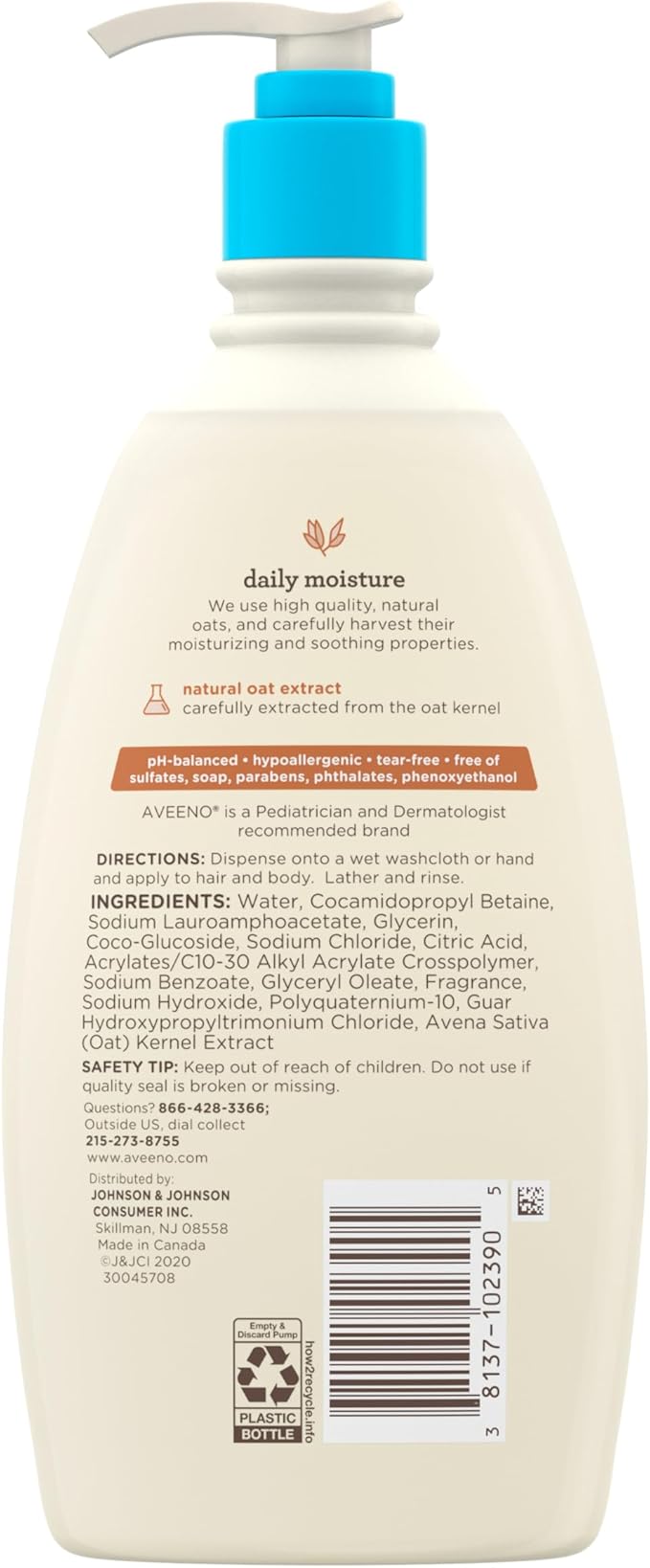 Aveeno Baby Daily Moisture Gentle Body Wash & Shampoo with Oat Extract, 2-in-1 Baby Bath Wash & Hair Shampoo, Tear- & Paraben-Free for Hair & Sensitive Skin, Lightly Scented, 18 fl. oz