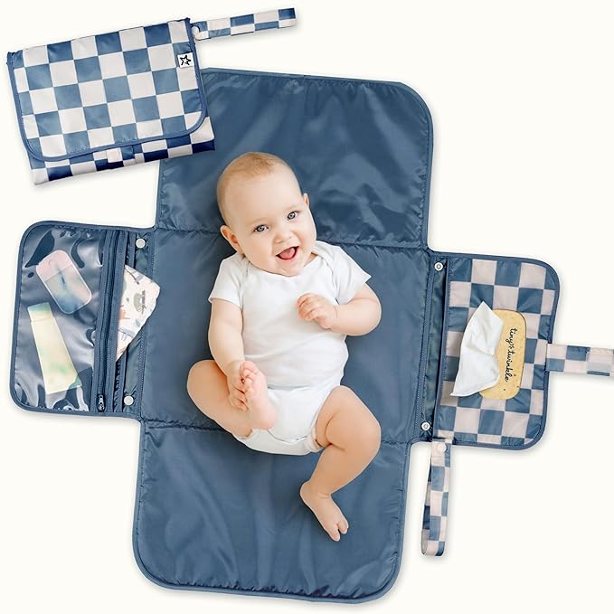 Tiny Twinkle Portable Diaper Changing Pad | Waterproof, Wipeable & Compact Baby Changing Pad for Travel | Smart Wipes Pocket & Organized Storage| Newborn Shower Gift (Blue Checkers)