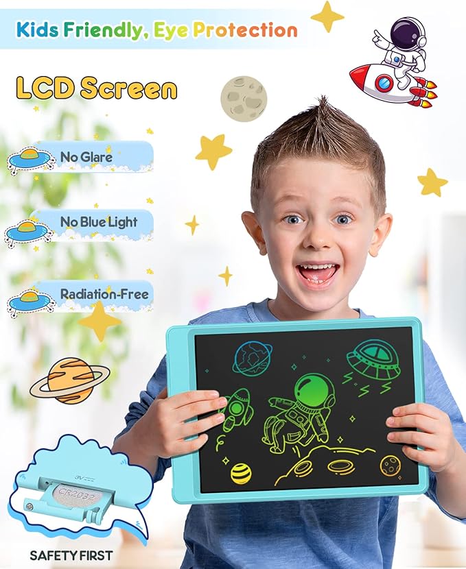 FLUESTON LCD Writing Tablet, 10 Inch Doodle Board Toys Gifts for 3-8 Year Old Girls Boys, Colorful Electronic Drawing Pad for Toddler, Valentines Gifts for Kids Educational Learning Travel Toy - Blue