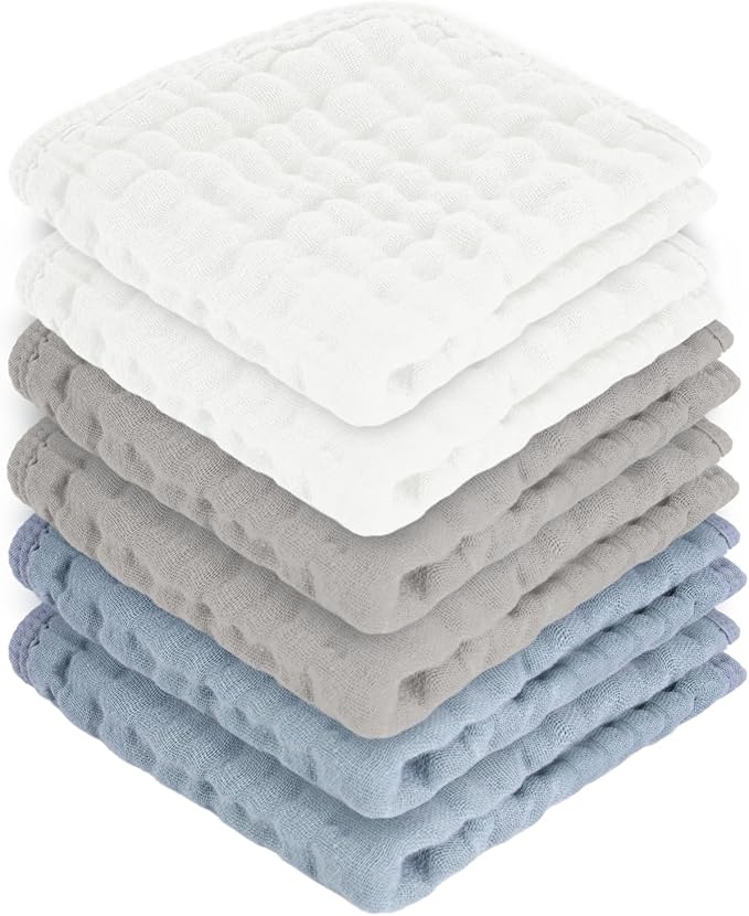 Baby Washcloths 100% Cotton Size is 12x12 inches. Lightweight, Portable, and Ideal for use at Home or on The go. (White & Grey 6 Pieces)