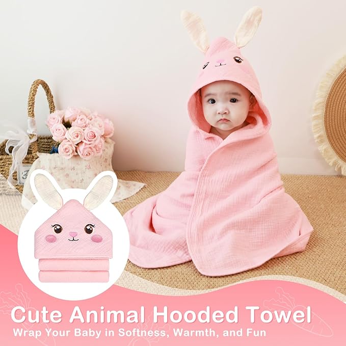 Unicorn Castle Hooded Baby Towels 2Pack 100% Muslin Baby Bath Towels for Newborn Animal Design Ultra-Soft Baby Girl Boy Bath Essentials 30 X 30 Inch, Pink Rabbit- Beige