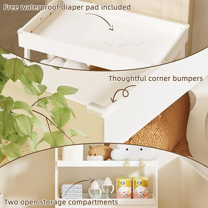 YUFU Baby Changing Table, Portable Diaper Changing Table with Changing Pad, Baby Diaper Changing Station with 2 Tier Storage Shelves for Newborn Baby and Infant, White