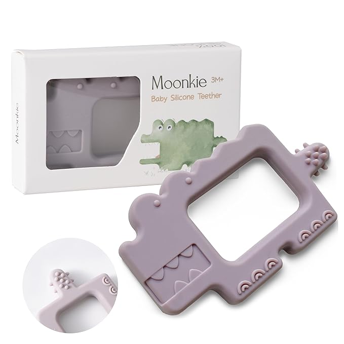 Moonkie Teething Toy, Safe & Easy to Hold BPA Free Silicone Baby Soothing Teethers, Prevent Finger Sucking Teether Toys Best for Babies 0-6 6-12 Months (Crocodile Misty Purple)