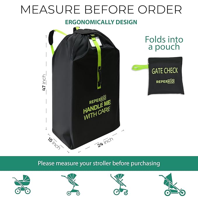 reperkid Large Stroller Bag for Airplane Travel, Black & Green, 47" H x 24" W x 15" D, Fits Most Large, Single, Double, Jogging Strollers – Premium Waterproof Cover, Adjustable Shoulder Straps