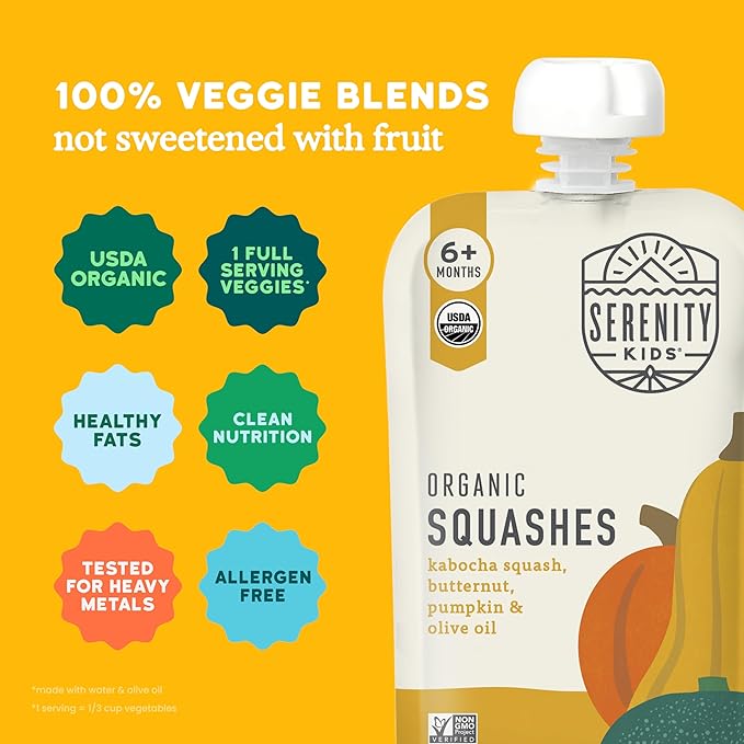 Serenity Kids 6+ Months Organic Veggie Puree Baby Food Pouches - USDA Organic Veggie Blend for Toddler Food - No Added Sugar Snacks - BPA-Free Baby Pouches - 3.5 Oz, 6 Pack