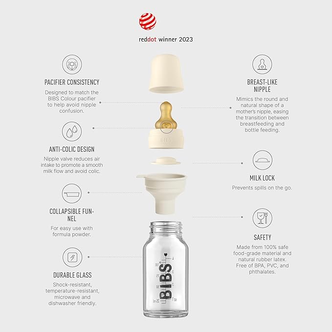 BIBS Baby Glass Bottle Complete Set 110 ml | BPA Free Natural Rubber | Made in Denmark | Sage