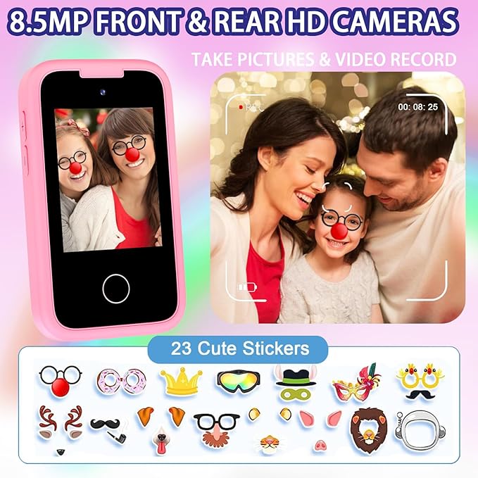 Nikuku Kids Phone for Girls, Christmas Birthday Gift for 3 4 5 6 7 8 9 Year Old, Children Pretend Smart Cellphone Toy with Dual Camera, Touchscreen, Learning Game, Music Player, 8GB Card(Pink)